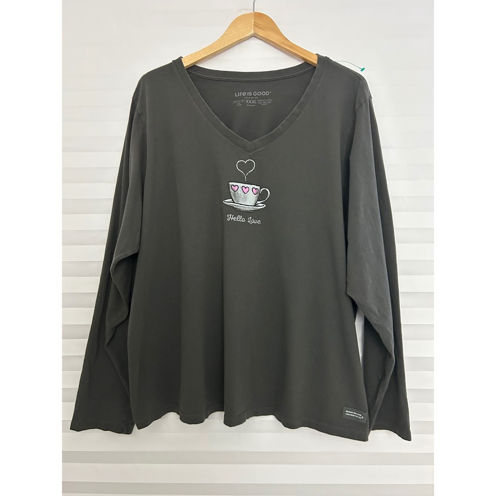Life is Good Womens XXXL Crusher Tee Hello Love Coffee Heart V-Neck Gray Top